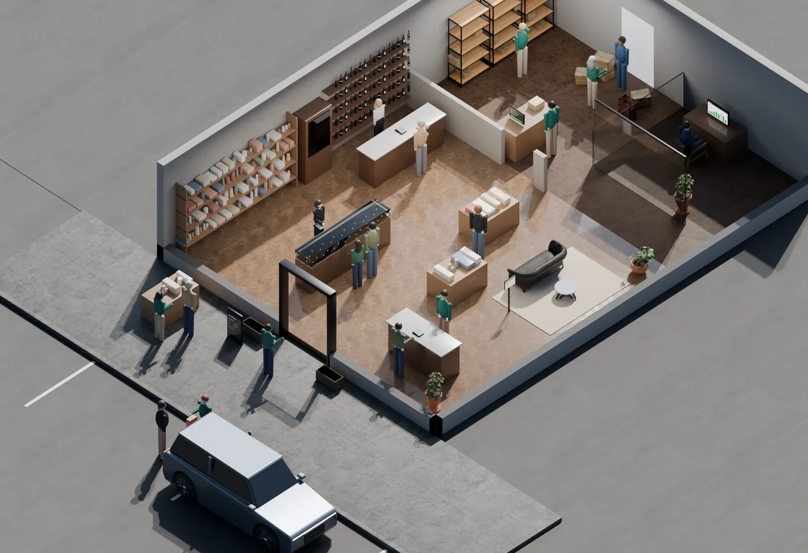 A cutaway of a specialty home-goods shop on a Saturday: a wine wall and cigar humidor with a clerk scanning an ID, a jewelry case with a high-ticket sale on a tablet, display tables, a sofa tagged as sold and on hold, the checkout counter by the door, the stockroom with a delivery being received, a cycle count and a web-order pack station, the office with reports on screen, and out front a sidewalk sale on a handheld, a cash-and-card price sign, a customer with a loyalty offer and a curbside pickup at her car.